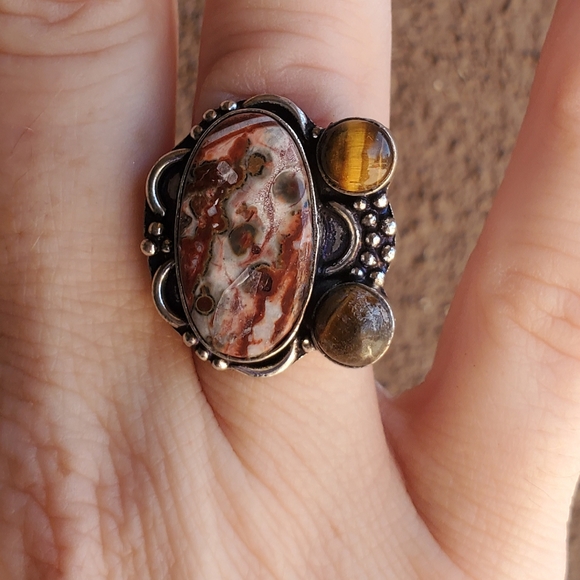 New Leopard Skin Jasper & Tiger Eye 925 Silver Ring. - Picture 3 of 9